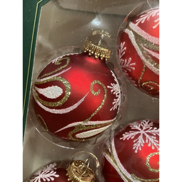 Krebs Glass Christmas Ornaments Red Velvet Balls Gold / White Scrolls Snowflakes - Picture 8 of 9